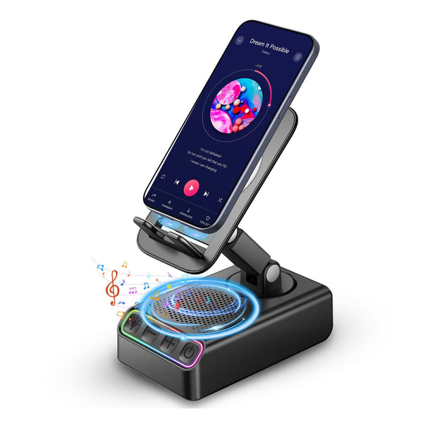 Phone Stand with Bluetooth Speaker with Sensing Playback, Foldable Phone Charger Stand with Wireless Speaker, Birthday Gifts for Men,Gadgets for Men, Sensing and Bluetooth Mode