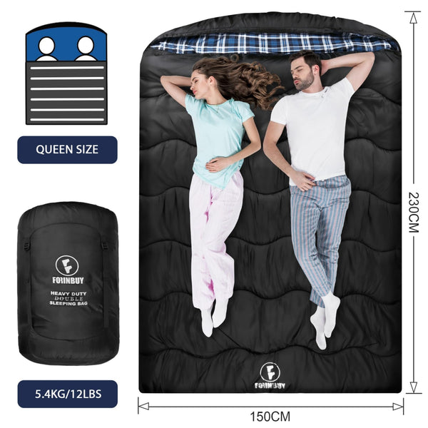 FORINBUY Winter Cotton Flannel Double Sleeping Bag for Adults - 0 degree Queen Size 2 Person Sleeping Bag, Waterproof & Warm for Cold Weather, Ideal for Couples, Family Camping & RV Travel