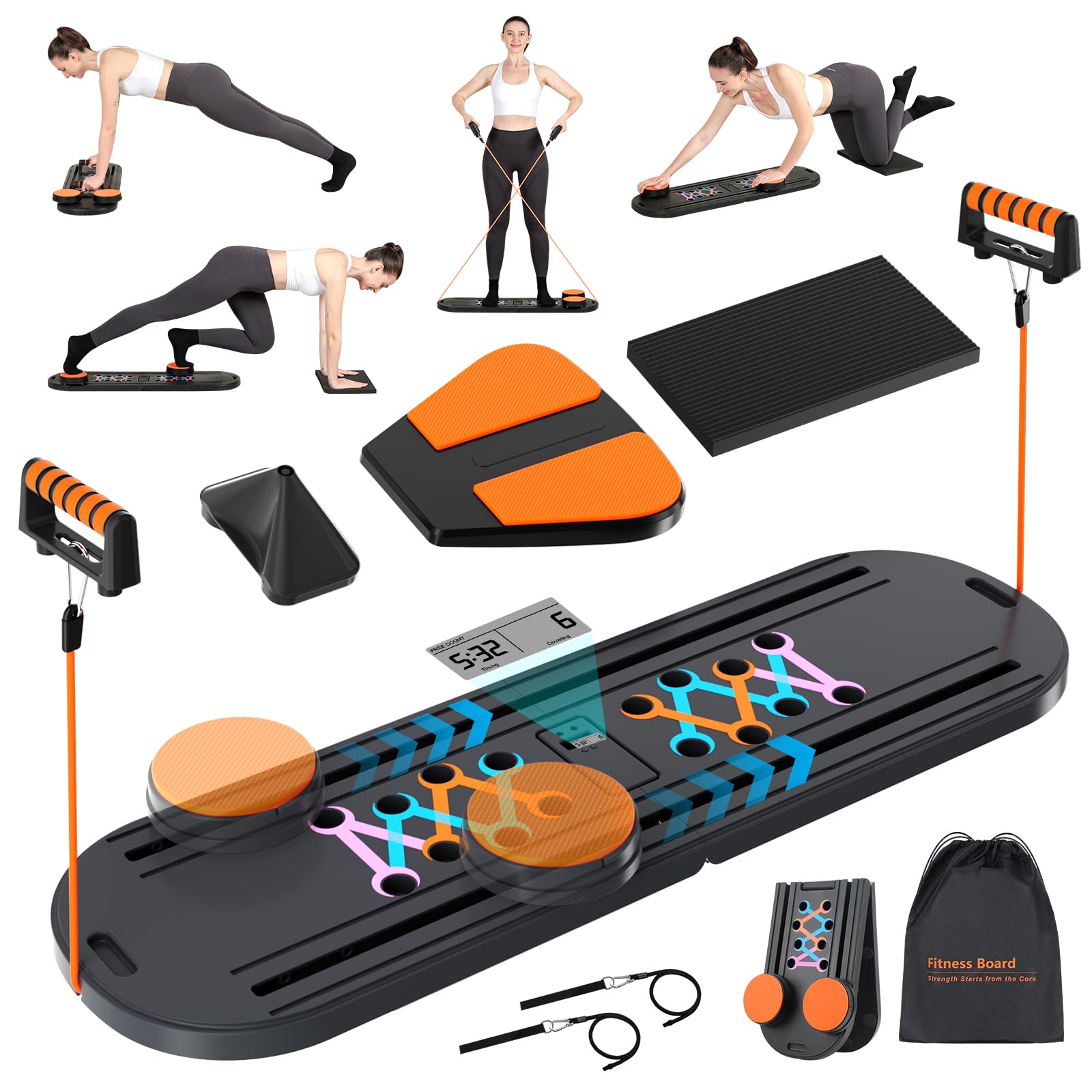 Pilates Board - Foldable Pilates Reformer Machine with Timer, All-in-One Portable Pilates Equipment for Home, Gym & Travel, Ab Roller, Resistance Bands, Push-Up Support for Full Body Workout