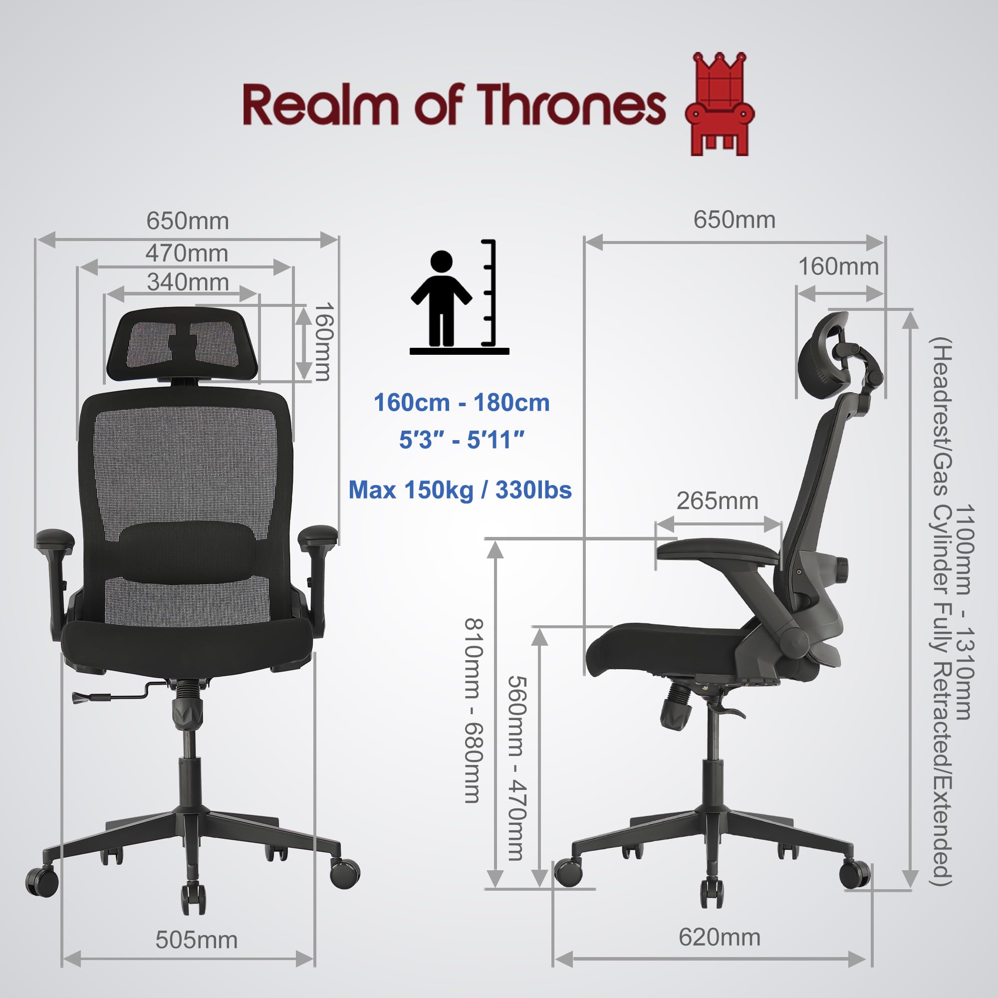 Realm of Thrones CAPTAIN Ergonomic Office Chair for Home, Heavy Duty Steel Base, Versatile Flip-up Armrests, Adjustable Lumbar Support, Mesh Back Comfort Cushion Seat for Computer Desk/Gaming (Black)
