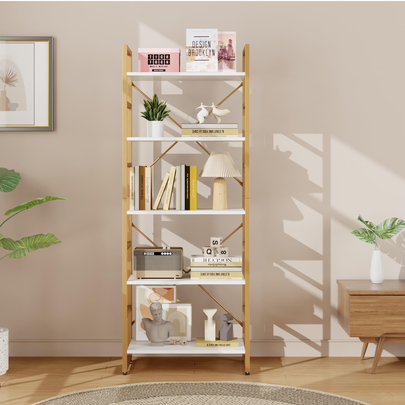 TREETALK 5 Tier Bookshelf, Standing Bookcase with 2 X-shape Frame,Adjustable Leg pads, Industrial Storage Rack for Office, Living Room (Gold)