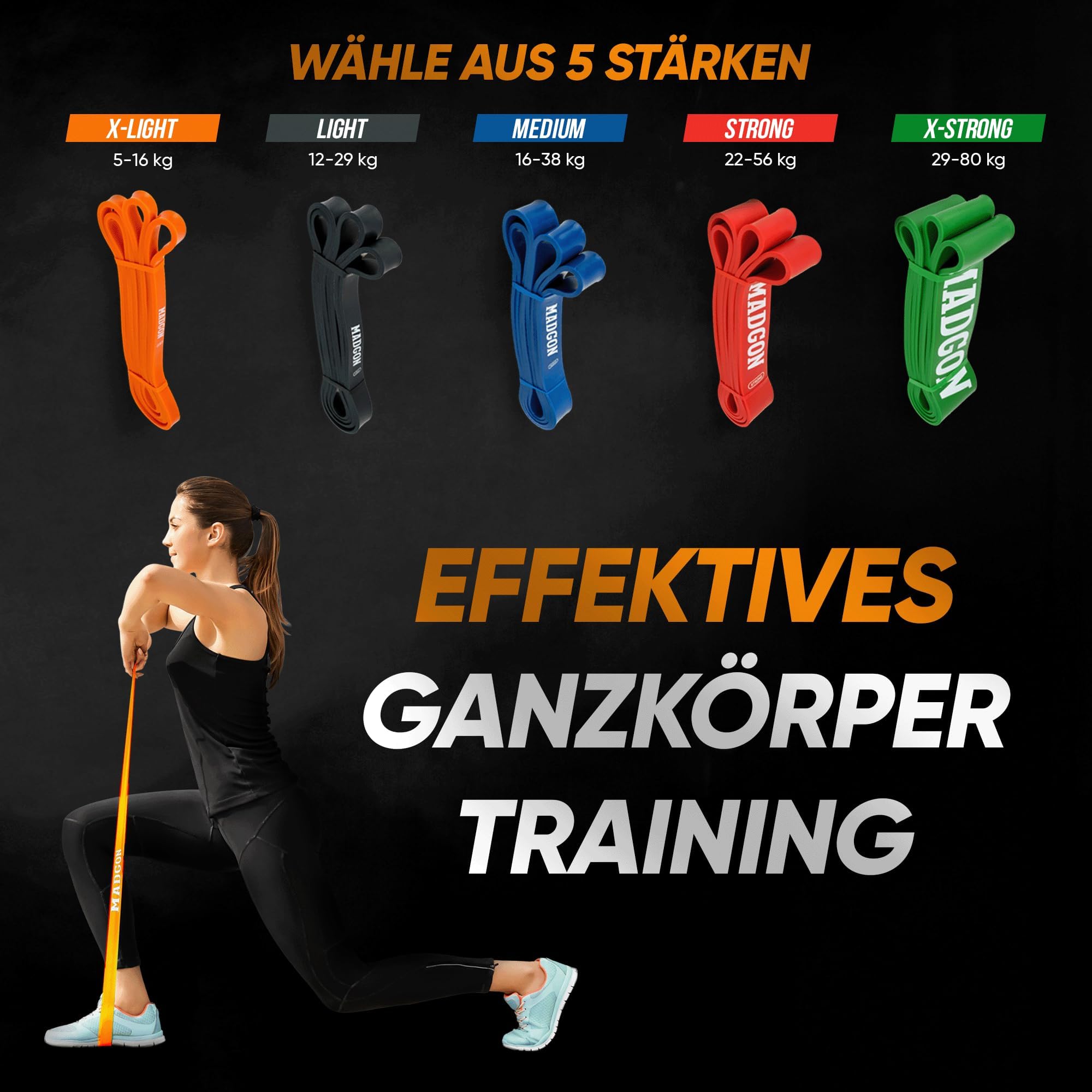 MADGON Resistance Bands for Superior Workouts - Tearproof & Durable Exercise Bands in 5 Resistance Levels with Bag - Resistance Bands for All Muscle