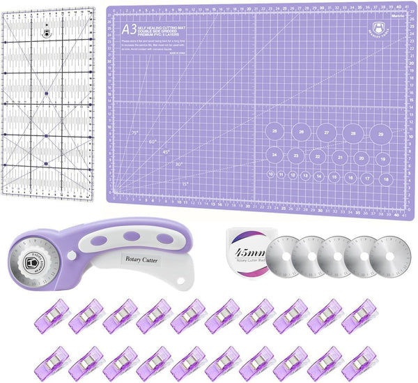 Headley Tools Rotary Cutter Set - 45mm Fabric Cutter, 5 Extra Rotary Blades, A3 Cutting Mat, Quilting Ruler and Sewing Clips, Ideal for Crafting,