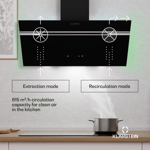 Klarstein Alina 90 Angled Cooker Hood - 600m³/h Air Flow, Touch Panel, LED Backlighting, Quiet 63dB, Energy Class A, 90cm Extractor Hood, Black