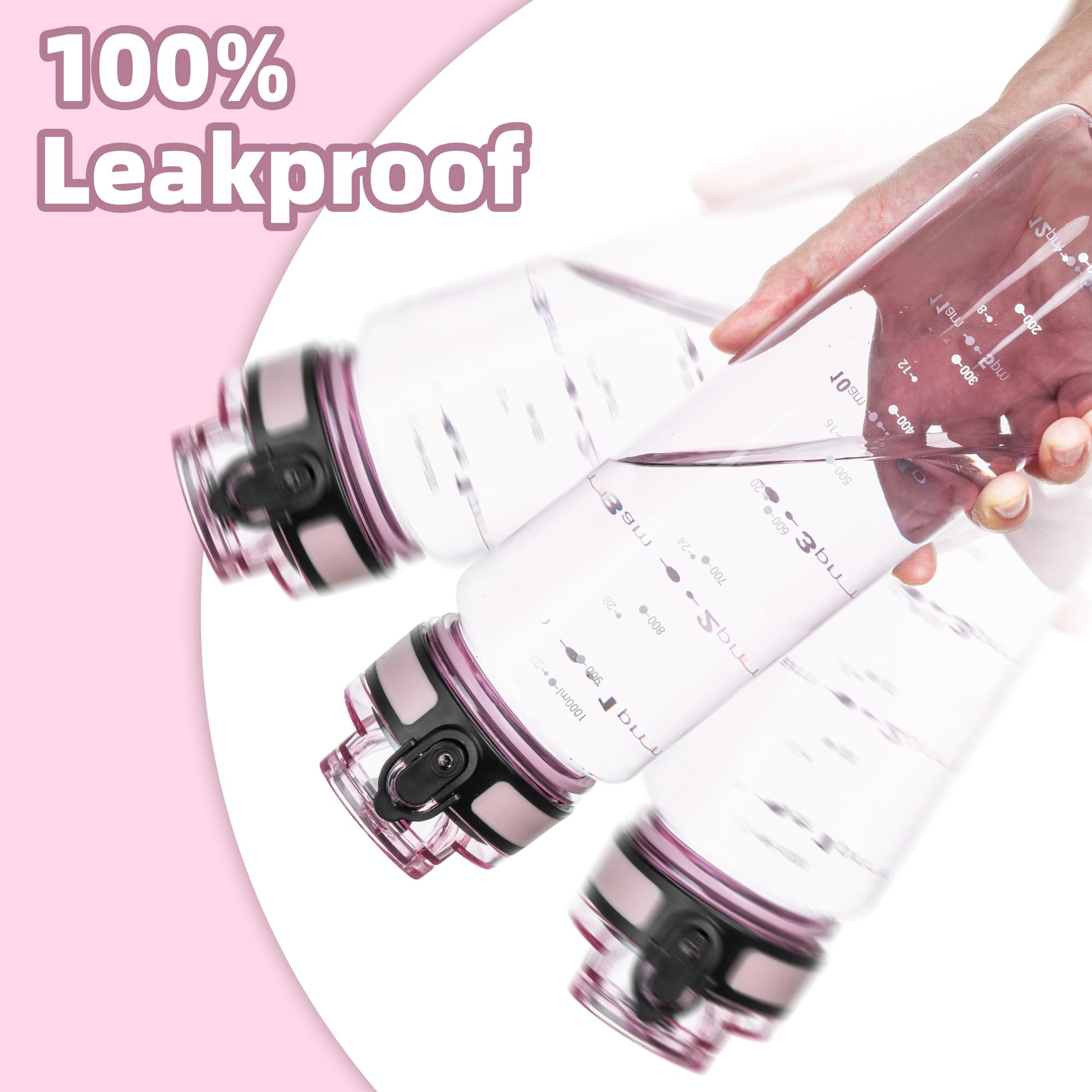 OLDLEY 1L/32oz Sports Water Bottle, 1000ml Motivational Drinks Bottle with Time Markings Leak Proof Drink & Lock Cover & No Straw, BPA Free for Adults Women Men Gym School Cycling Running Hiking