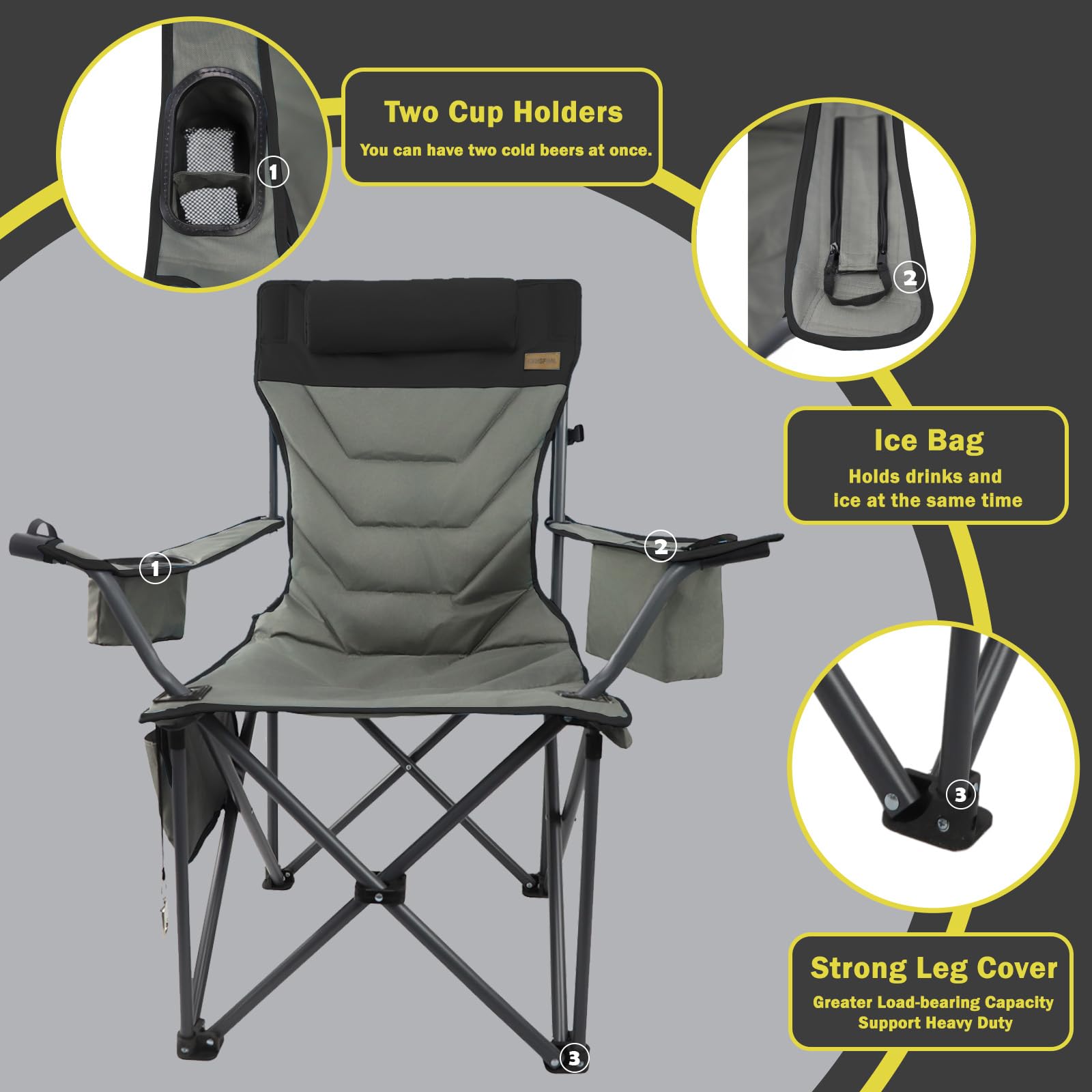 Outdoor Folding Camping Chair -Oversize Camping Chairs for Adults,Support 400lbs with Pillows & Cup Holders & Cooler Bags- Heavy Duty Collapsible Chairs for Sports Garden Beach Fishing(Grey Blue)