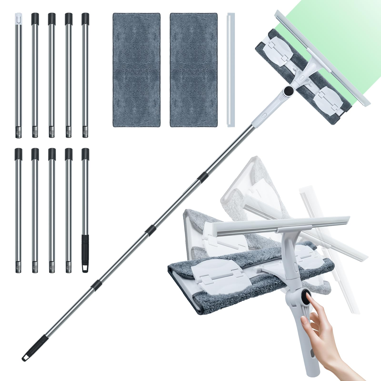 2 in 1 Window Squeegee Cleaner Tool Kit with Long Handle (3.8M), Telescopic Glass Cleaning Equipment with Extendable Poles + Silicone Squeegee +