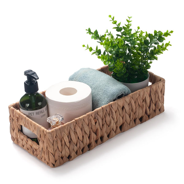 Toilet Paper Basket for Back of Toilet Water Hyacinth Long Narrow Wicker Bathroom Storage Basket with Built-in Handles 36 x 16.5 x 9.5cm