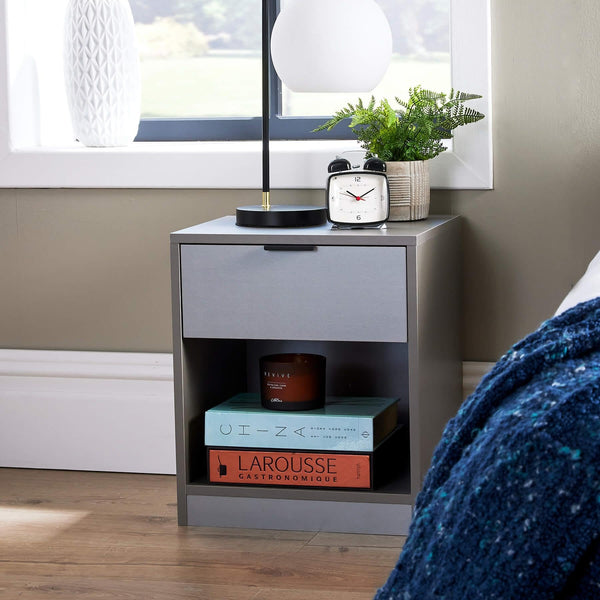 Home Source Bedside Cabinet Lamp Side Table, Grey, 1 Drawer, Spacious Top, Engineered Wood