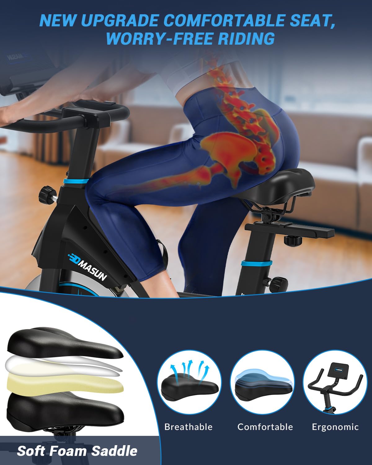 DMASUN Exercise Bike Professional with Large Tablet Holder & Comfortable Seat, Indoor Cycling Bike for Home Cardio, Fitness Stationary Bike with 350LBs Capacity (Additional Soft Seat Cushion Cover)