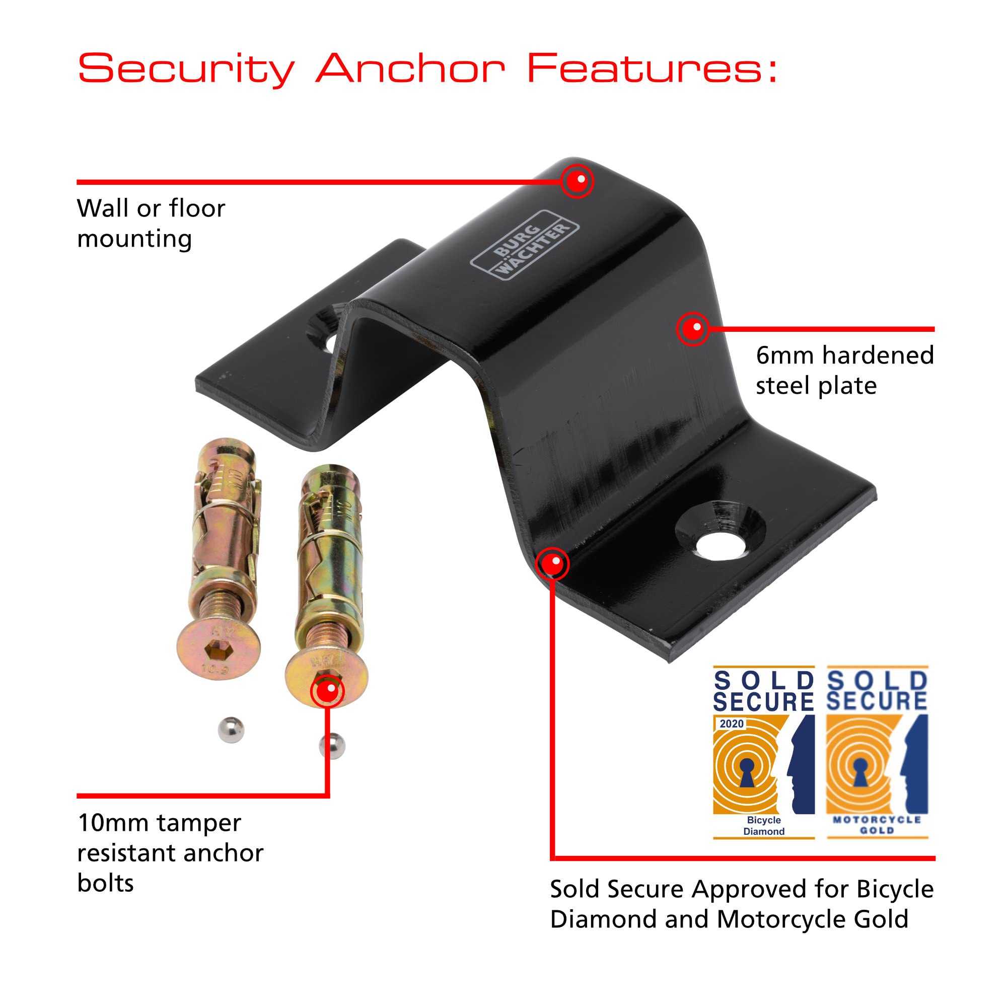 Burg Wachter 1M Sold Secure Lock and Ground Anchor Kit Bike Lock, Black