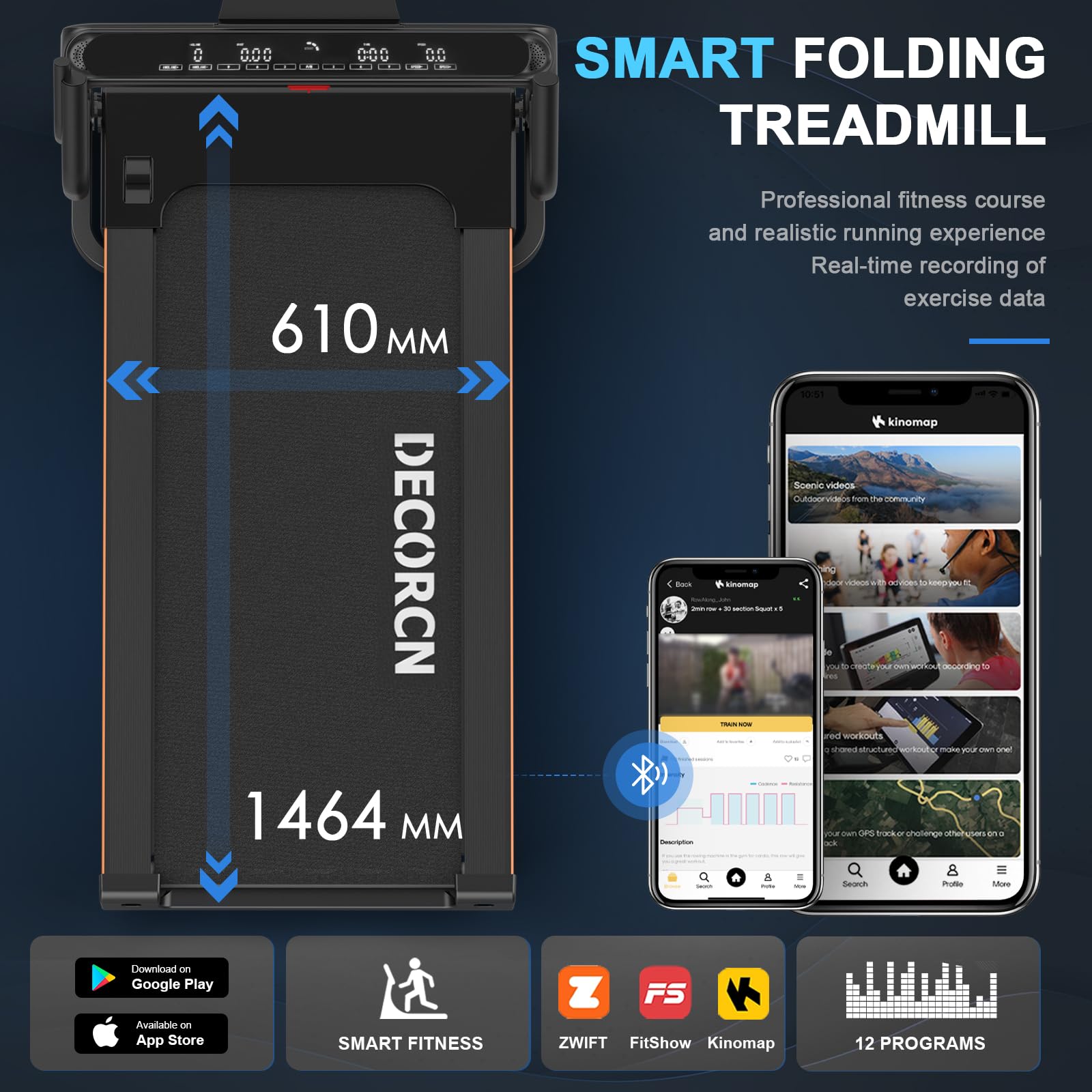 Decorcn Folding Treadmill for Home, 4.5HP, 20 Auto Incline, 1km/h-16km/h, 150KG limited, Running Machine for Heavy People with LED, Bluetooth Speakers, Silent Walking Pad