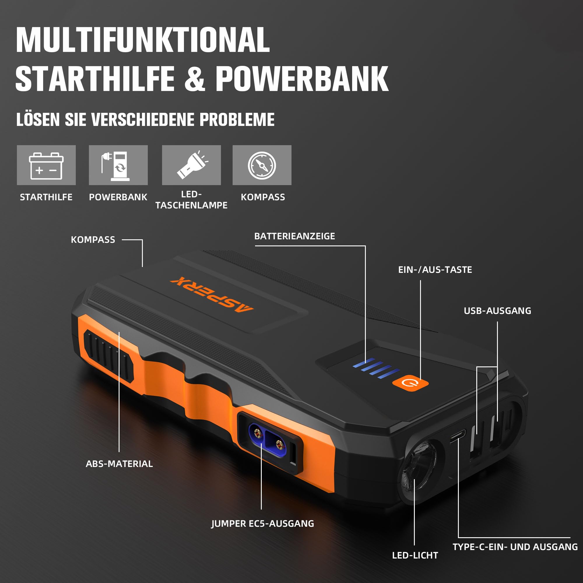 ASPERX Jump Starter Power Pack(Up to 10L Gas/8L Diesel), 3000A Car Battery Booster Jump Starter with LED Flashlight, Jump Leads and LCD Display, Jump Pack for 12V Vehicles, Pickup, SUV, Motorcycle