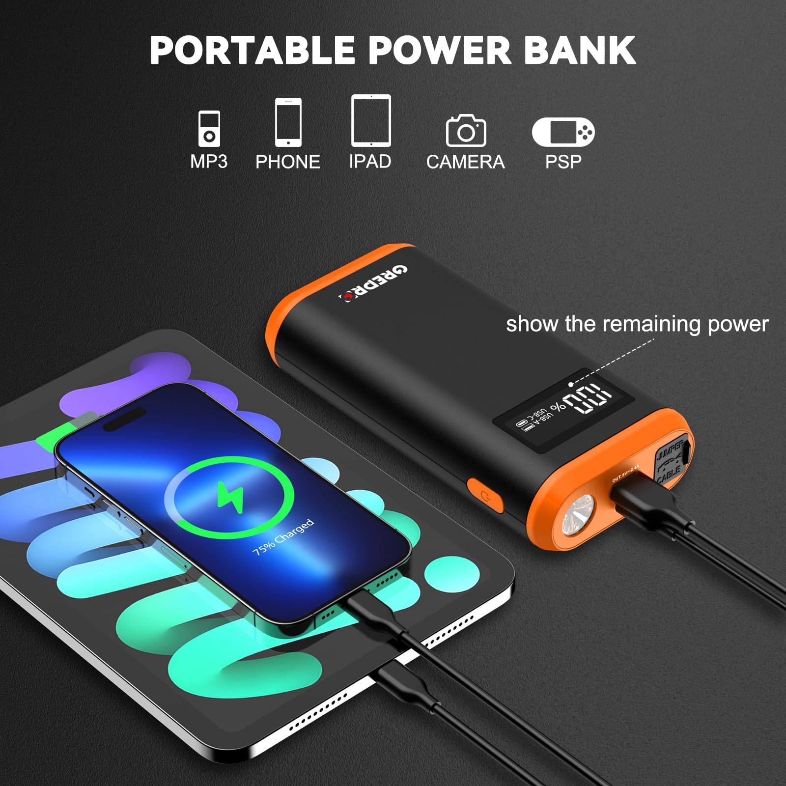 GREPRO Jump Starter Power Pack (up to 6.5L Gas, 4.0L Diesel), 2000A Car Battery Booster Jump Starter and Jump Pack for 12V Vehicles, Motorcycle, Battery Booster with LCD Screen and LED Flashlight