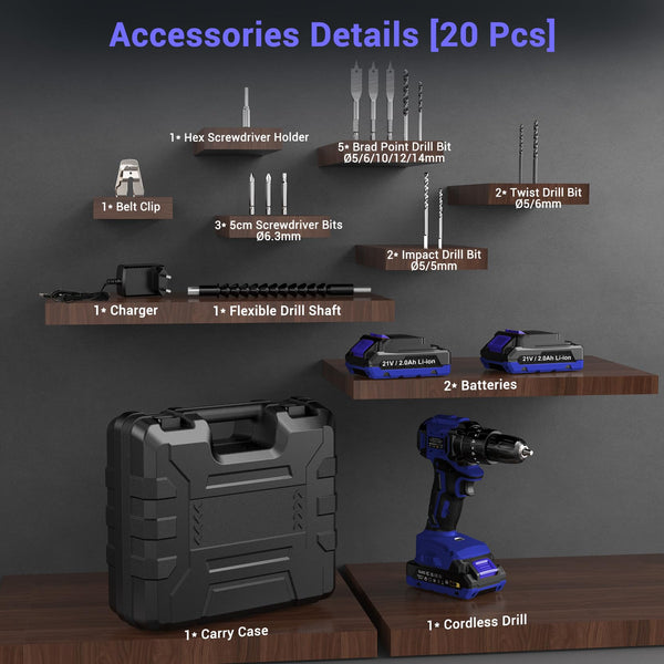 MHPRO Cordless Drill, Power Drill Brushless 21V, Cordless HammerDrill with 2 Batteries 2000mAh, 20+3 Torque, 45N.m Max DrillSet, LED Light, 2 Speed, 14PCS Accessories for Home and Garden DIY Project