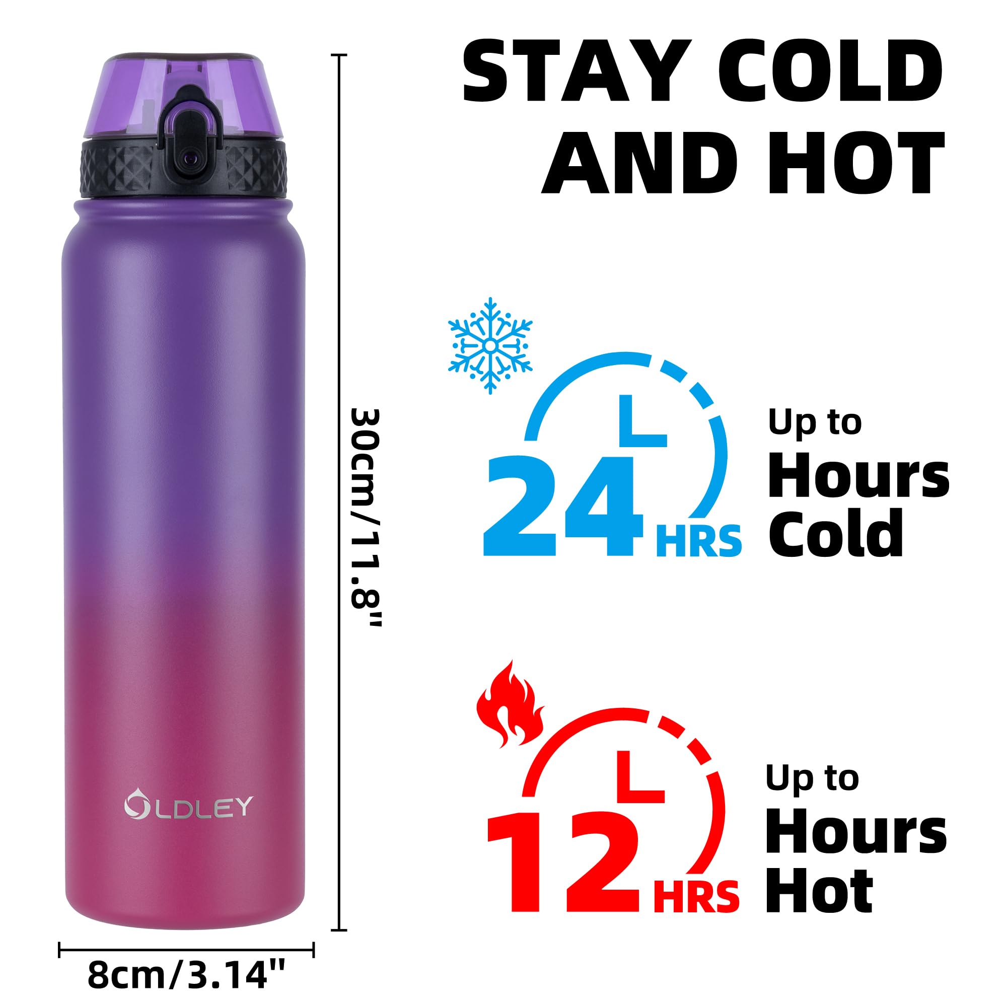 OLDLEY Stainless Steel Water Bottle with Straw 1L Vaccum Insulated Large Drink Flask Metal Water Bottles 1 Litre Leakproof Keep Drinks Hot Cold for Sports Gym with Different Lids(Purple Green, 3 Lids)