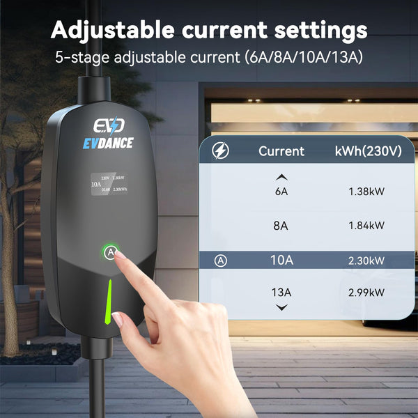 EVDANCE EV Charger Type 2 UK 3 Pin 20ft/6.1m [6/8/10/13A] Portable Electric Car Charger, Adjustable Current EV Charger with IP66, Type 2 Charging Cable for EV & PHEV, Black