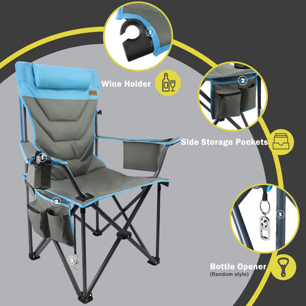 Outdoor Folding Camping Chair -Oversize Camping Chairs for Adults,Support 400lbs with Pillows & Cup Holders & Cooler Bags- Heavy Duty Collapsible Chairs for Sports Garden Beach Fishing(Grey Blue)