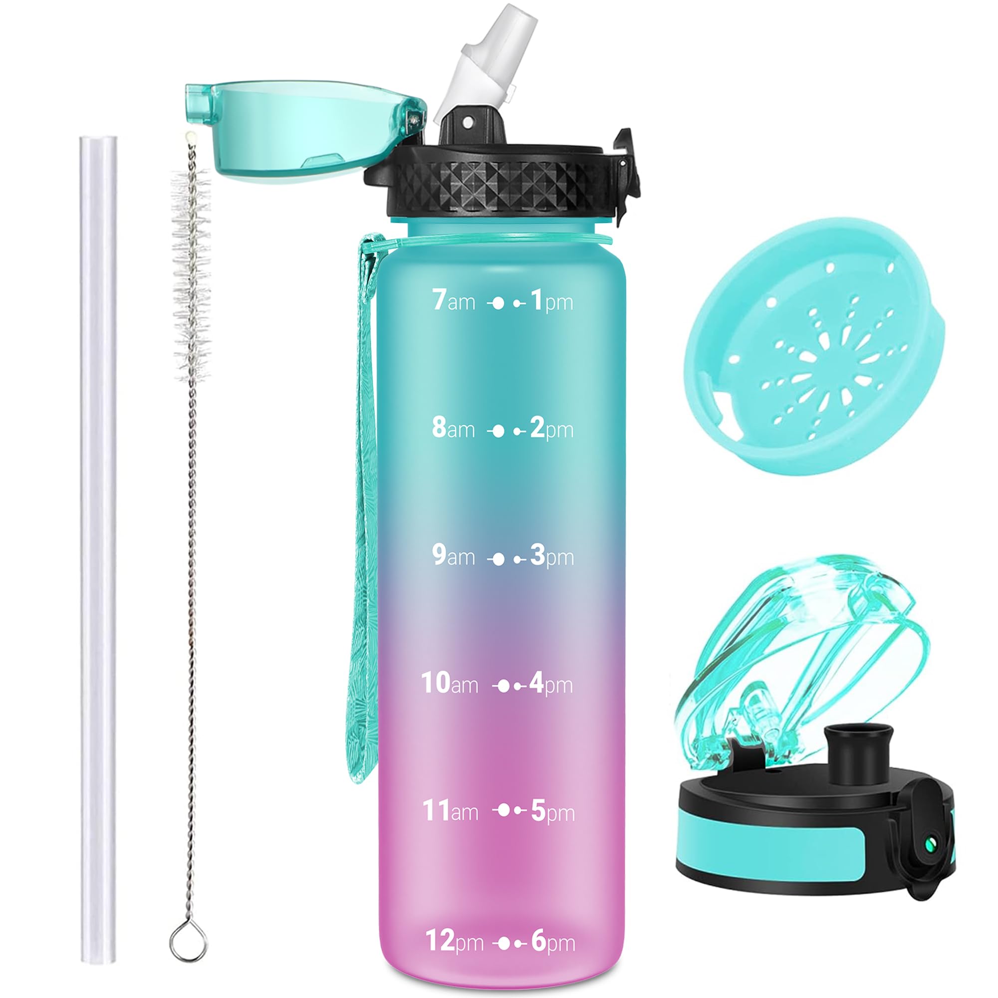 OLDLEY 1L/32oz Sports Water Bottle, 1000ml Motivational Drinks Bottle with Time Markings Leak Proof Drink & Lock Cover & No Straw, BPA Free for Adults Women Men Gym School Cycling Running Hiking