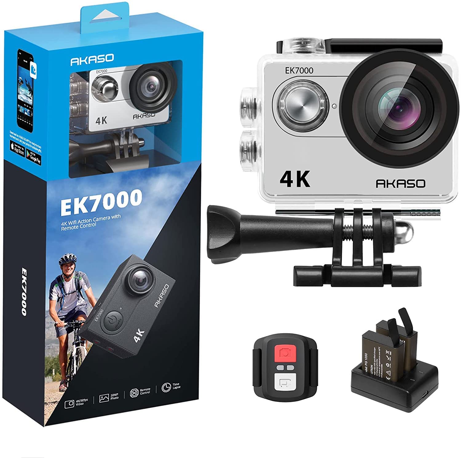 AKASO EK7000 Action Camera Floating Hand Grip Bundle - Includes 4K30FPS EK7000 Underwater Camera, Floating Hand Grip, 2 Batteries, Carrying Case, and Accessory Kits