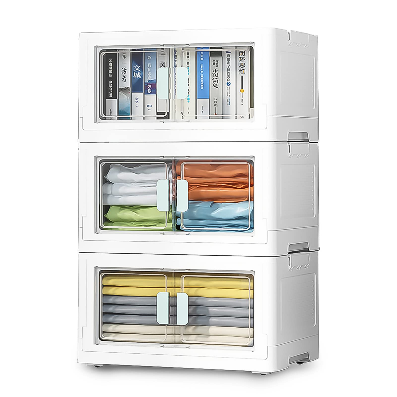 BTGGG 3 Pack Stackable Storage Boxes Large 50L*3 Foldable Collapsible Clear Storage Boxes Organizer 50 * 36 * 90cm, Front Door Opening for Easy