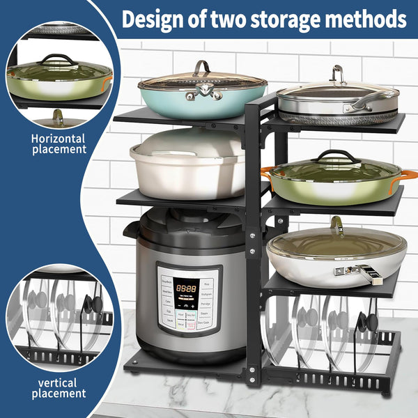 CASONNIK 6+1-Tier Adjustable Heavy Duty Pan Organizer Rack for Cabinet, Black Carbon Steel Kitchen Cookware Organizer