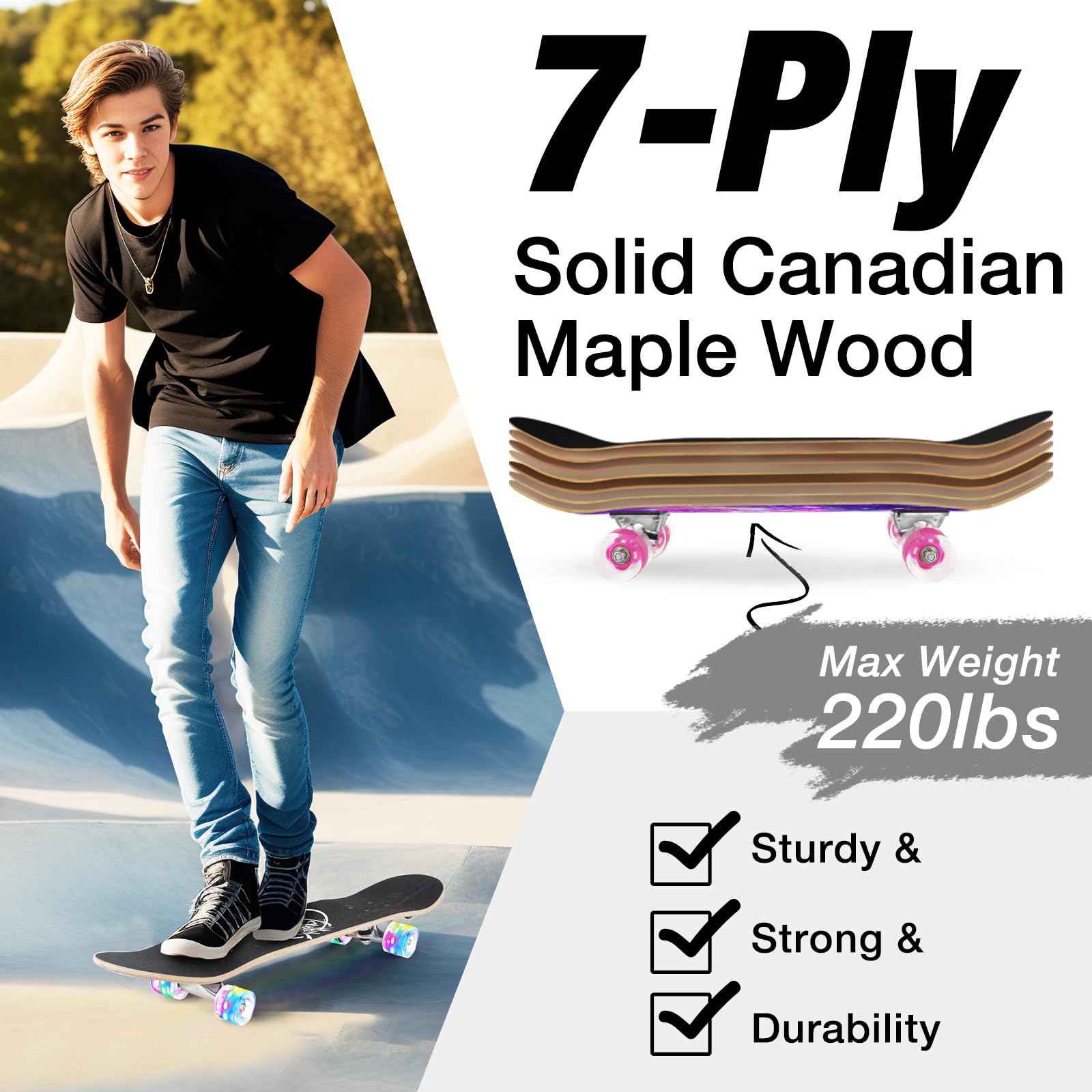 BELEEV Skateboards, 31 x 8 inch Complete Skateboard for Beginners, 7 Layer Canadian Maple Double Kick Deck Concave Cruiser Trick Skateboard for Kids