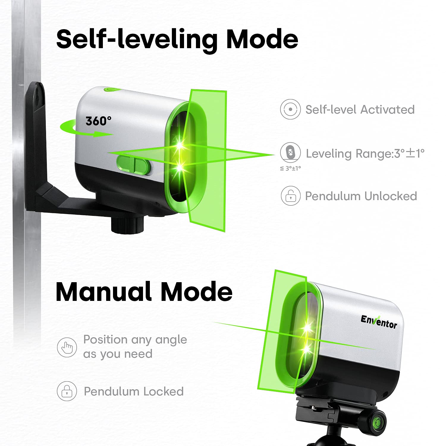 Enventor Rechargeable Laser Level, 25M 2200mAh Li-ion Battery Green Laser Level Self Leveling with Pulse Mode, 7 Hours Working Time, 360° Magnetic Base, Switchable Horizontal/Vertical/Cross line