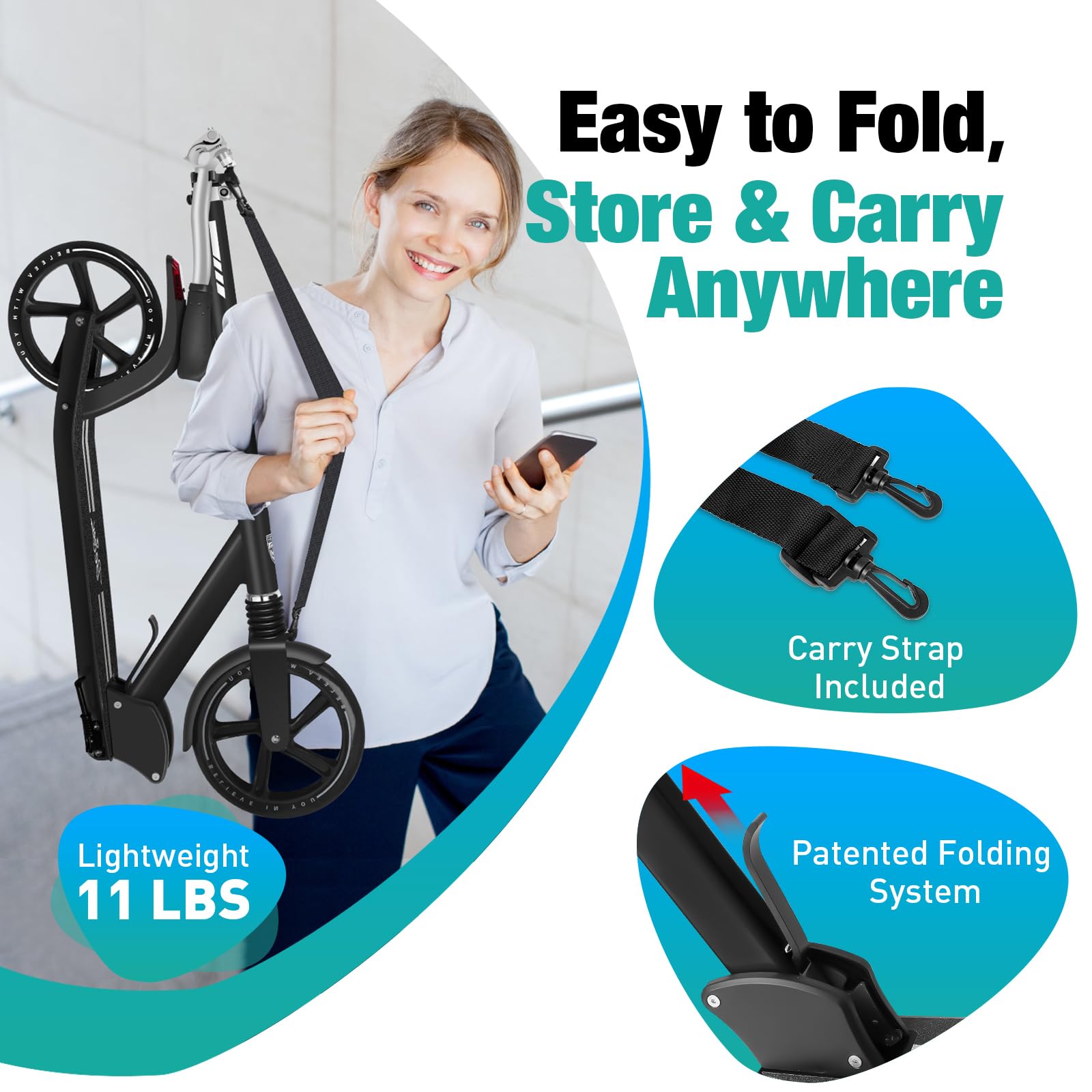 BELEEV Scooters for Kids Ages 8+, Folding 2 Wheel Scooter for Adults Teens, 200mm Big Wheels, 4 Adjustable Handlebar, Front Suspension, Lightweight