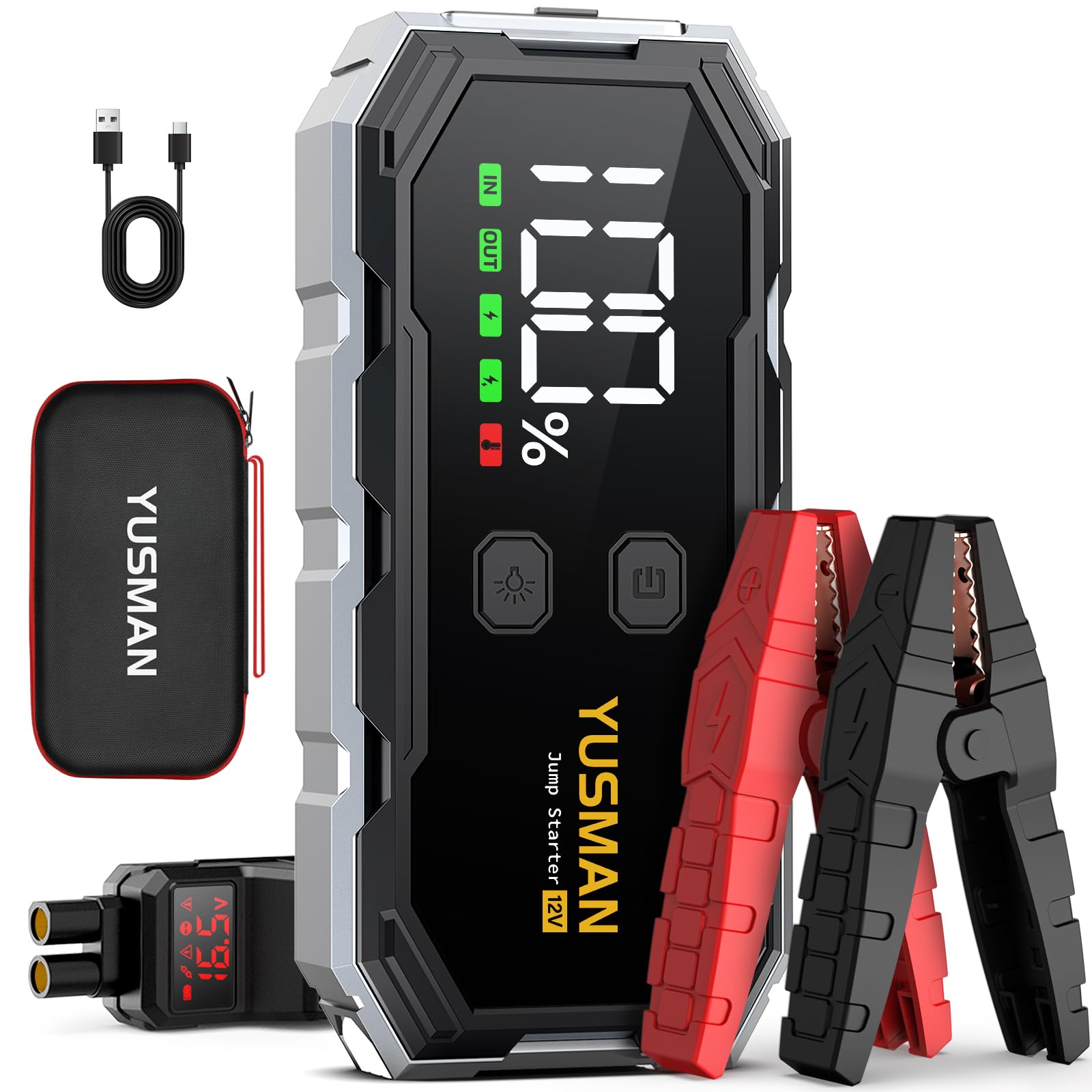 Jump Starter Power Pack, 12V Car Battery Booster, 5000A Portable Battery Pack (7.0 Gas/5.0L Diesel), Portable Jump Starter with Extended Smart Jump Cables, 3-Mode Lights