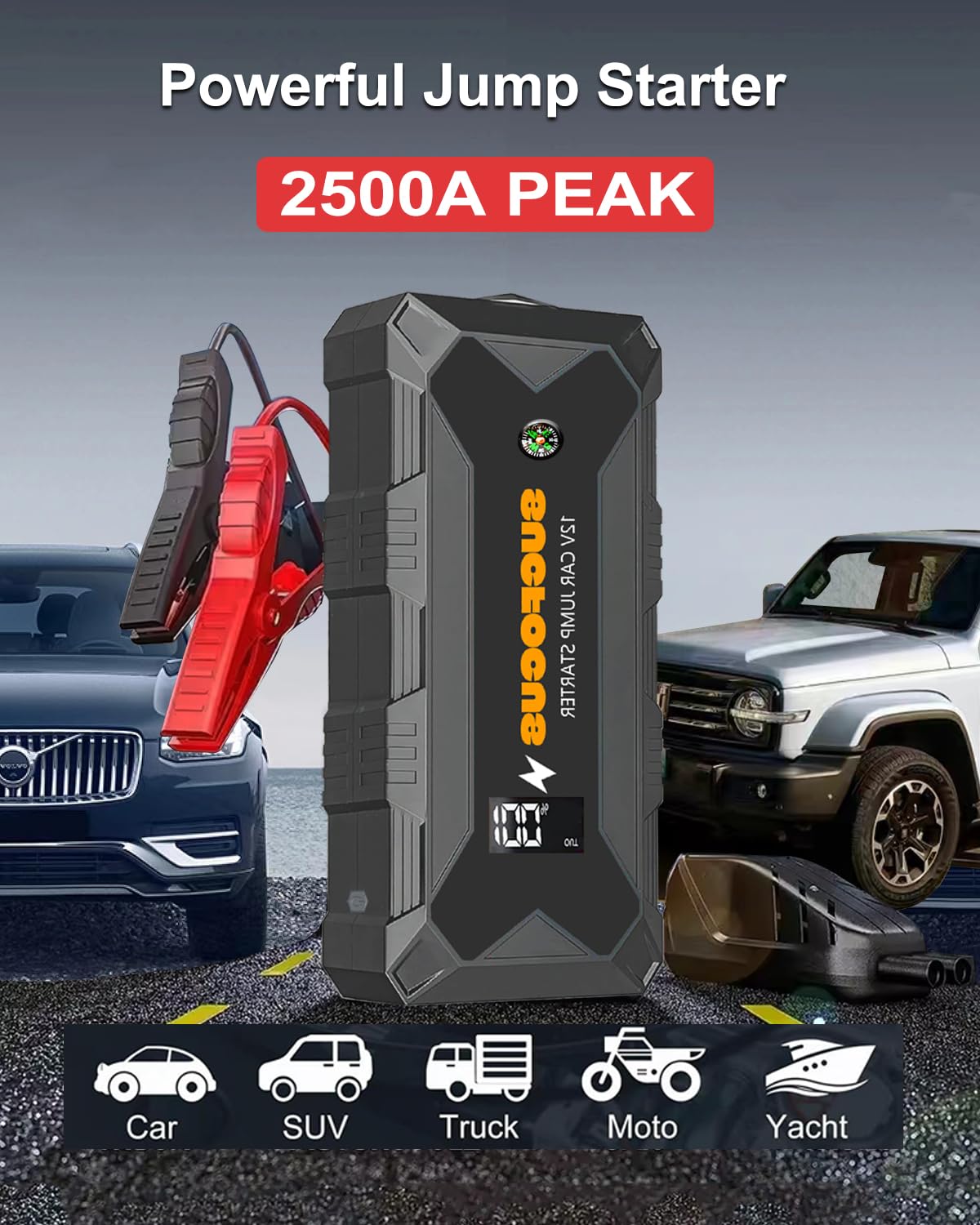 Car Battery Jump Starter, 2500A Jump Starter (for 8.0L Gas or 6.5L Diesel Engine), Battery Jumper Starter Portable, Jump Box, Jump Start Battery Pack with Jumper Cable, LED Light/USB QC3.0 (Red Black)