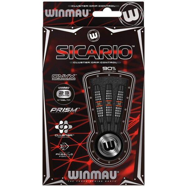 WINMAU Sicario Tungsten Steeltip Darts Set 23g with Prism Flights and Shafts (Stems)