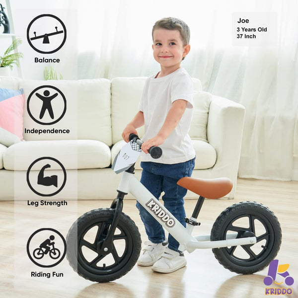 KRIDDO Toddler Balance Bike 2 Year Old, Age 18 Months to 5 Years Old, 12 Inch Push Bicycle with Customize Plate (3 Sets of Stickers Included), Gift Bike for 2-3 Boys Girls, Blue