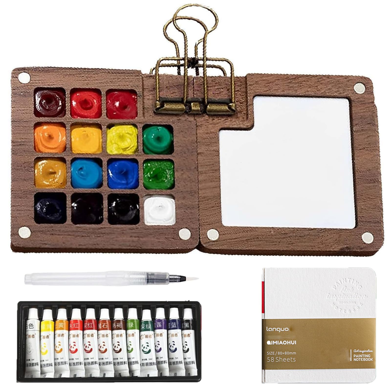 1 Set Pocket Artist Watercolour Travel Set, Mini Watercolour Paint Set Travel, Clip Watercolor Pen for Painters and Artists, Pocket Portable Palette