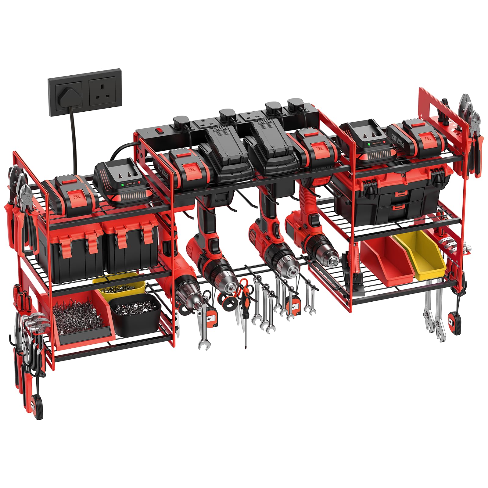 Power Tool Organizer with 6 Way Extension Lead,Large Tools Charging Station,8 Power Drill Tools Heavy Duty Drill Holder Wall Mounted Rack Utility Metal Tool Shelf Storage Organiser for Garage