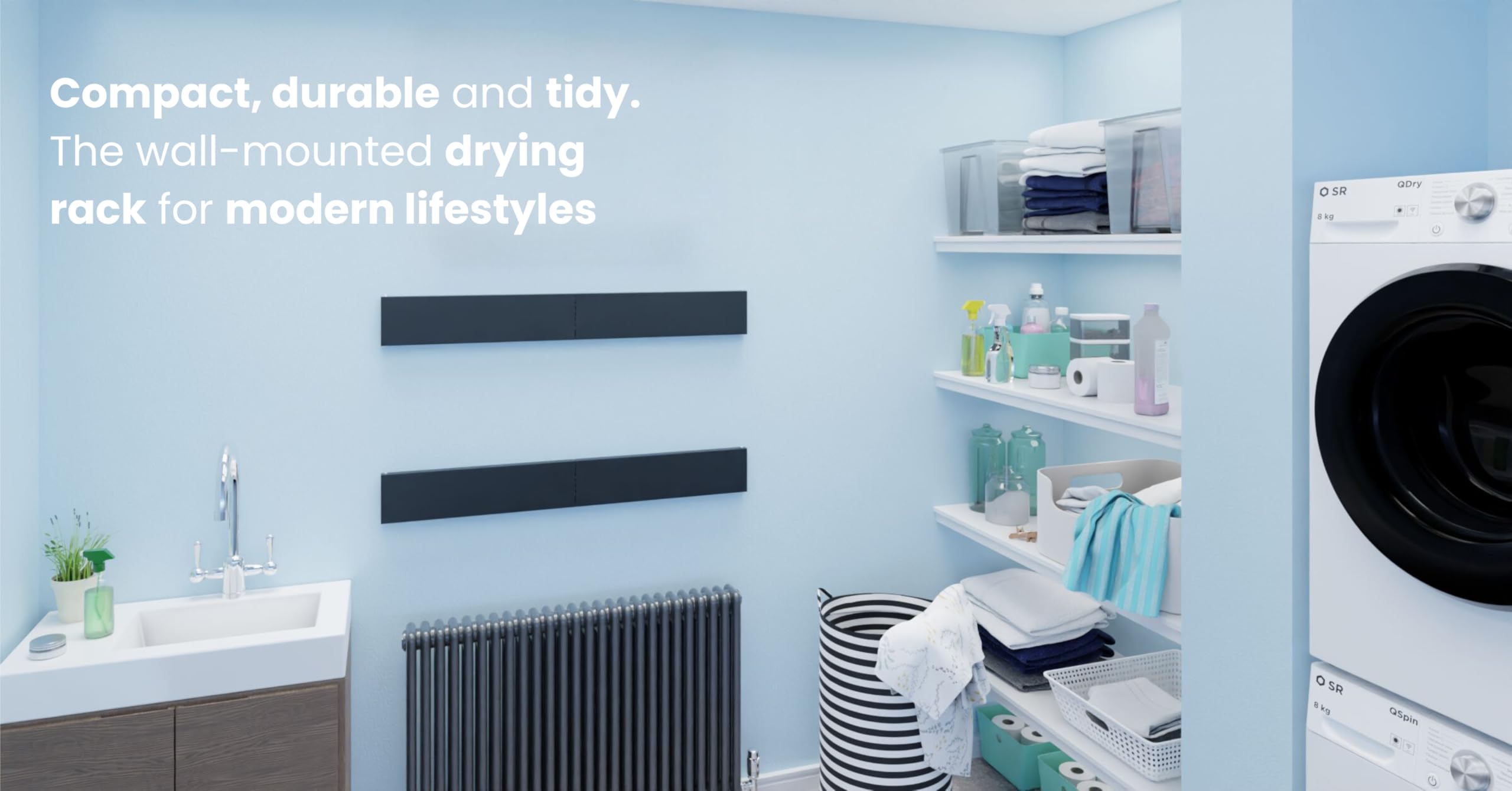 Hot Flow Glide Foldable Wall Mounted Clothes Rack, Retractable Clothes Drying Rack. Sleek Design With 5 x 70cm Rods For 3.5m Of Hanging Line. Perfect