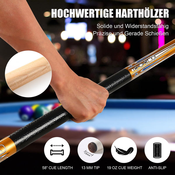 ASMPCUE Pool Cue, 58 Inch Billiard Cue Set of 4pcs 19 oz Hardwood Pool Cue 13 mm Tips for Professional Billiard Players, 1/2 Cue Sticks for Billiard