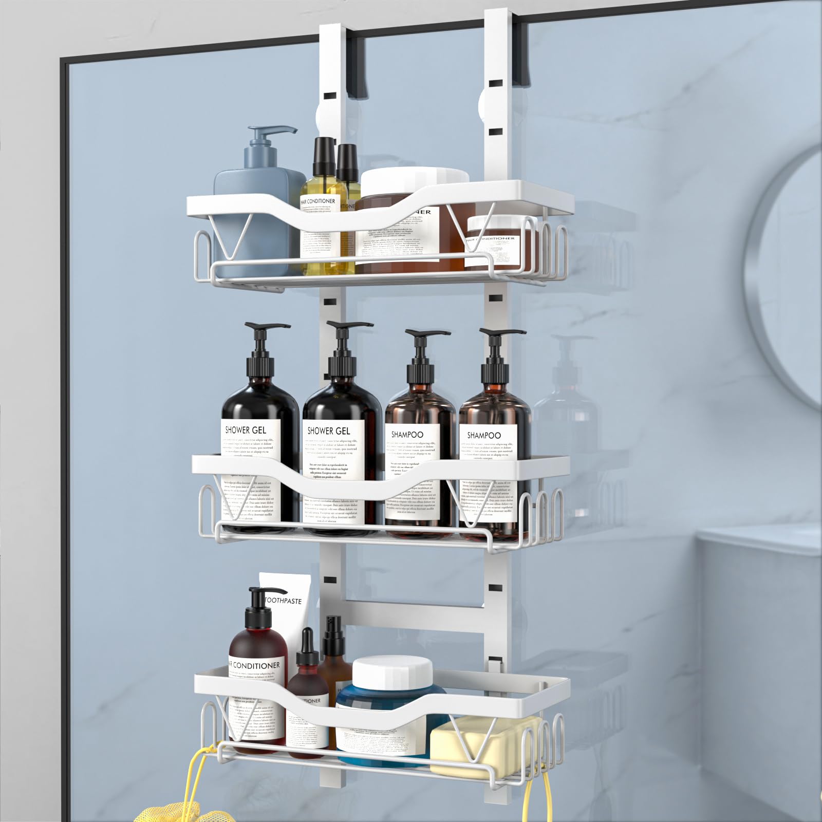 UUlioyer Hanging Shower Caddy, Over Door Shower Shelf 3 Layers, Bathroom Shelves No Drilling (White - 3 layers)