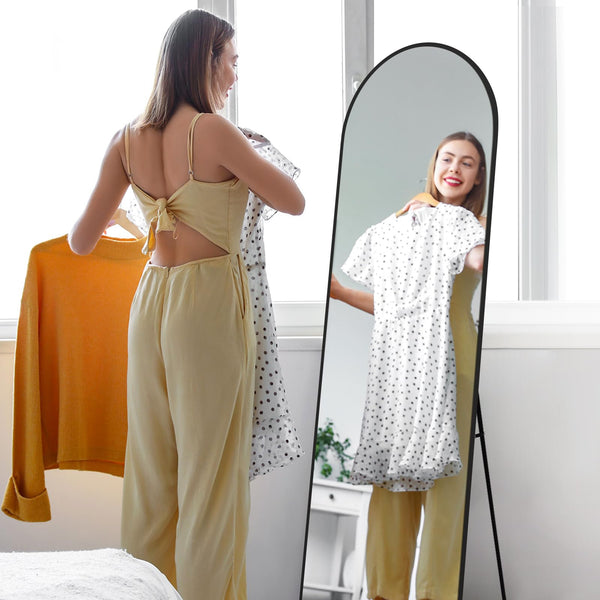 Melodieux Arch Full Length Mirror 147 x 44 cm Large Freestanding Black Aluminium Frame Dressing Wall Mounted Mirror for Living Room Bedroom