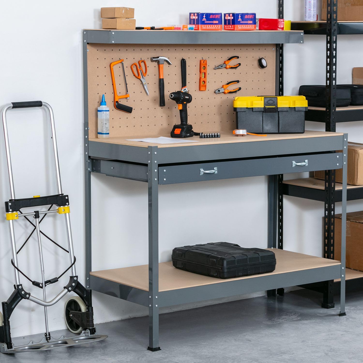 SwitZer New Red Steel Garage Tool Box Toolbox Work Bench Workbench Storage With Drawers Pegboard and 20 Pegs Shelf DIY Workshop Station