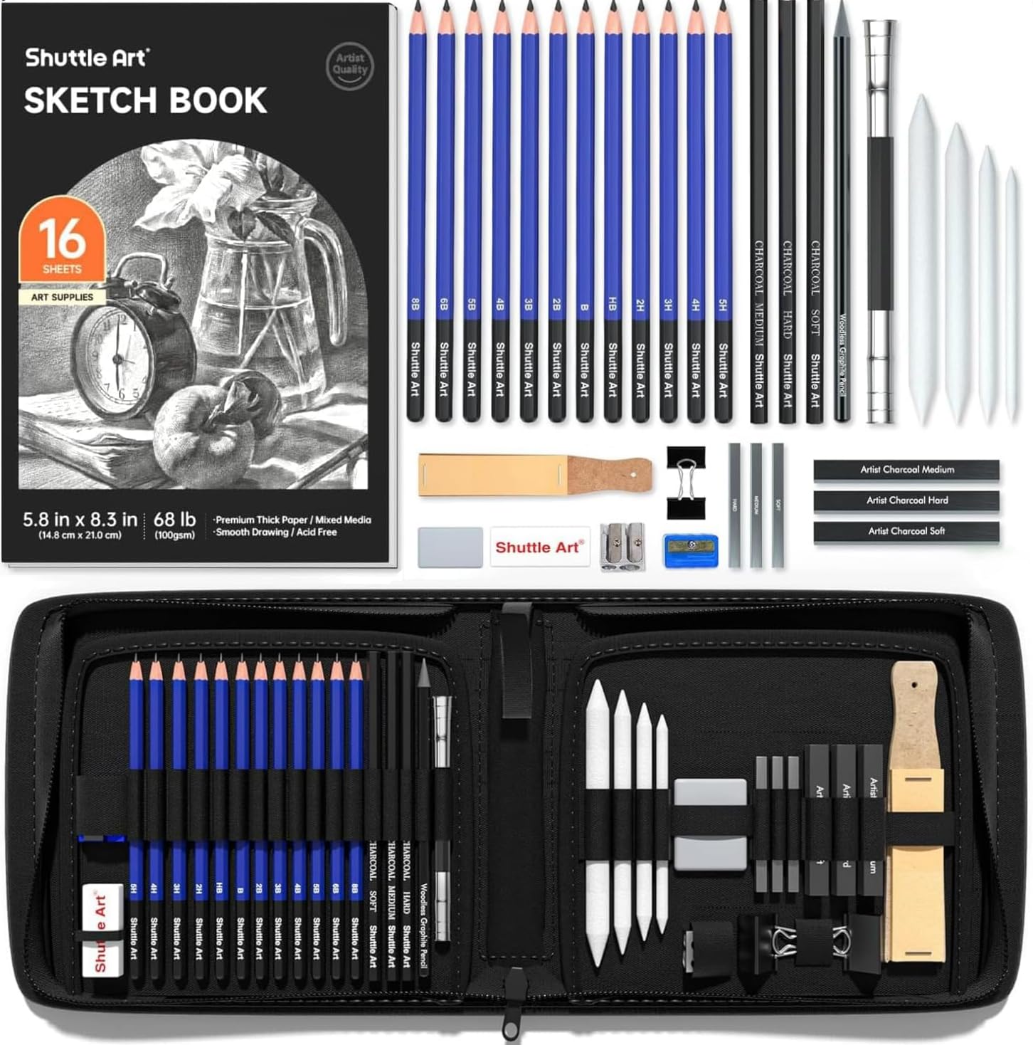 Shuttle Art 37 Pack Art Pencils Sketching Set, Drawing Set in Sturdy Zipper Case with Sketch Books, Professional Sketch Drawing Pencils for Artists,