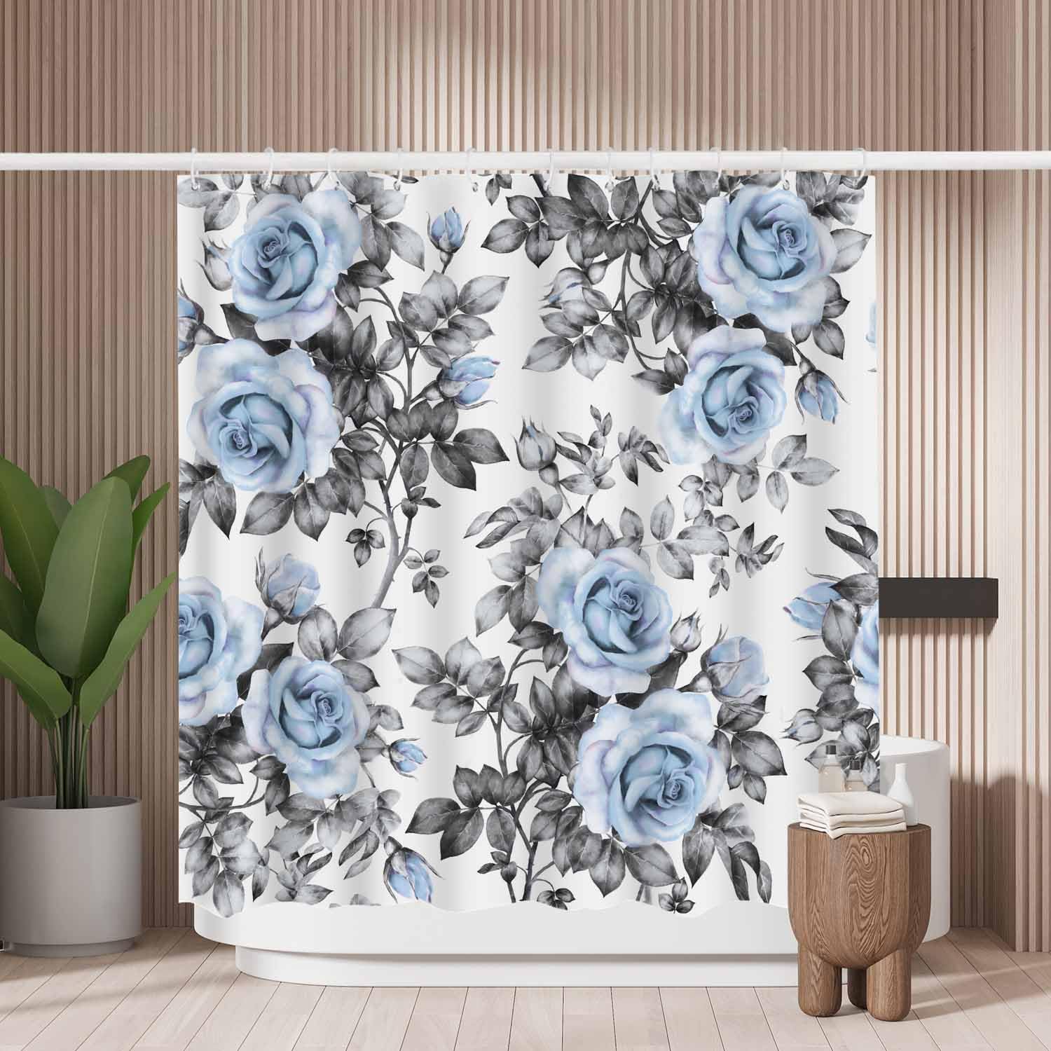 Woutay Shower Curtain Mould Proof Resistant Blue Flowers,Water Repellant Fabric,Polyester,with 12 Plastic Hooks
