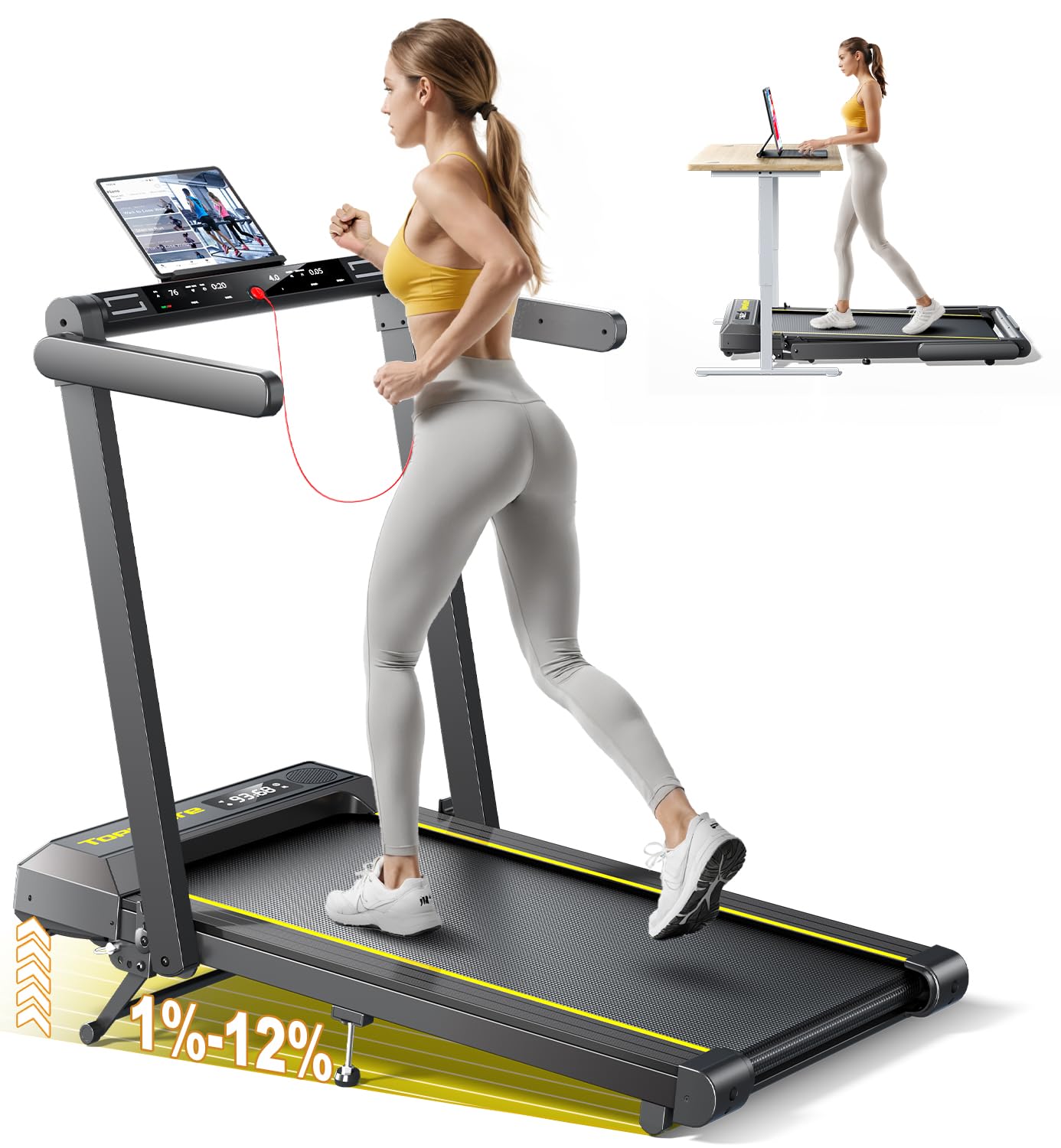Folding Treadmill with 12% Incline, 4 in 1 Treadmills for Home/Office, Heart Rate, 16KM/H Portable Treadmill, 2.5HP Under Desk Walking Pad, Dual LED Screen, App, Bluetooth Speaker