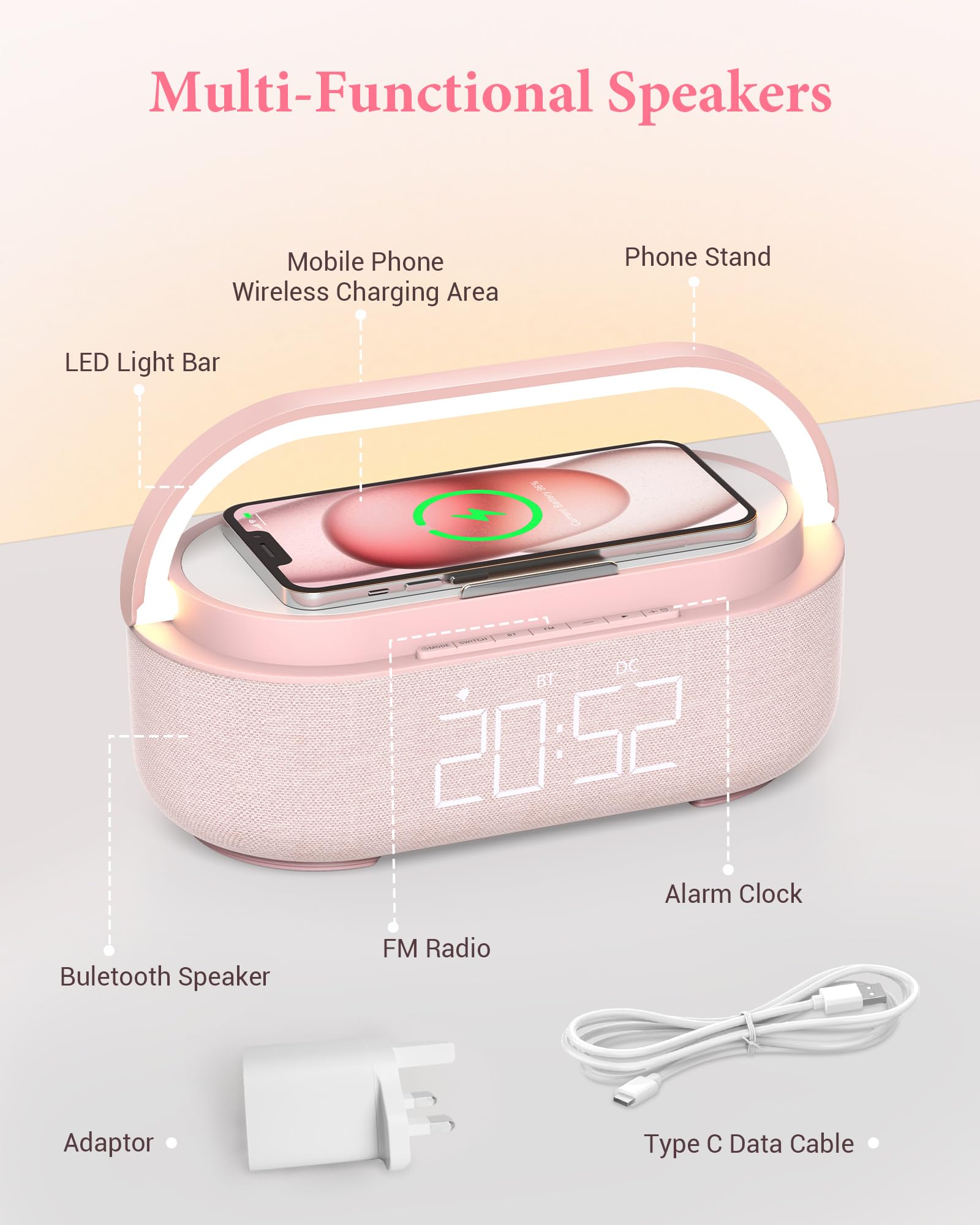 COLSUR Radio Alarm Clock Bluetooth Speaker, 15W Wireless Charger Alarm Clocks Bedside, Night Light, Loud Volume for Heavy Sleepers, Snooze, Dimmable LED Display, 2500mAh Battery