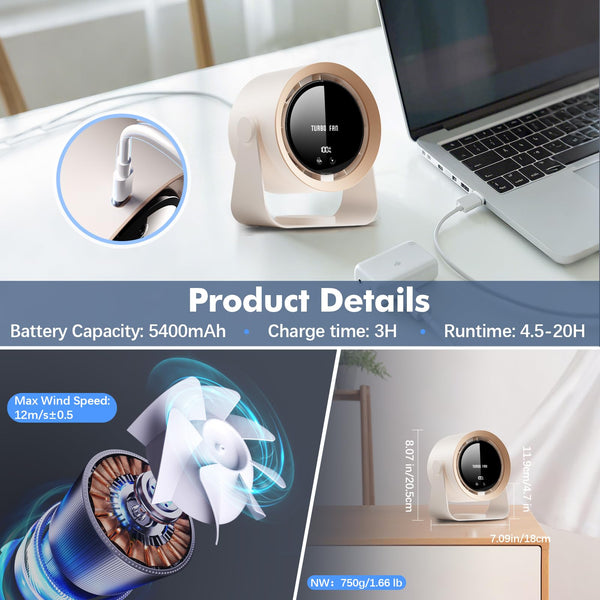 yokye Desk Fan, USB Desktop Fan with LED Display & Long Battery Life, 100 Speeds, 90° Adjustable Head Tilt, 3-in-1 Powerful Table Fan for Bedroom, Kitchen, Office, Home,Camping (Dark Gray)