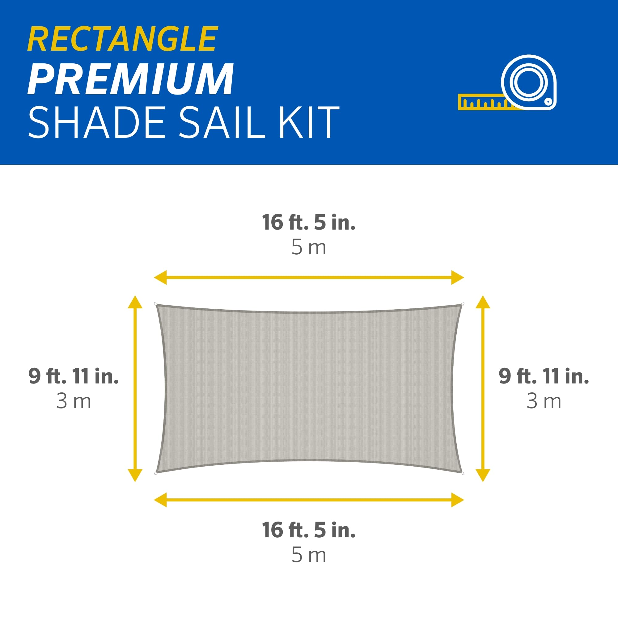 Coolaroo Premium Shade Sail Kit, (16'5"x9'11" Rectangle), Stone, High Density Polyethylene (HDPE)