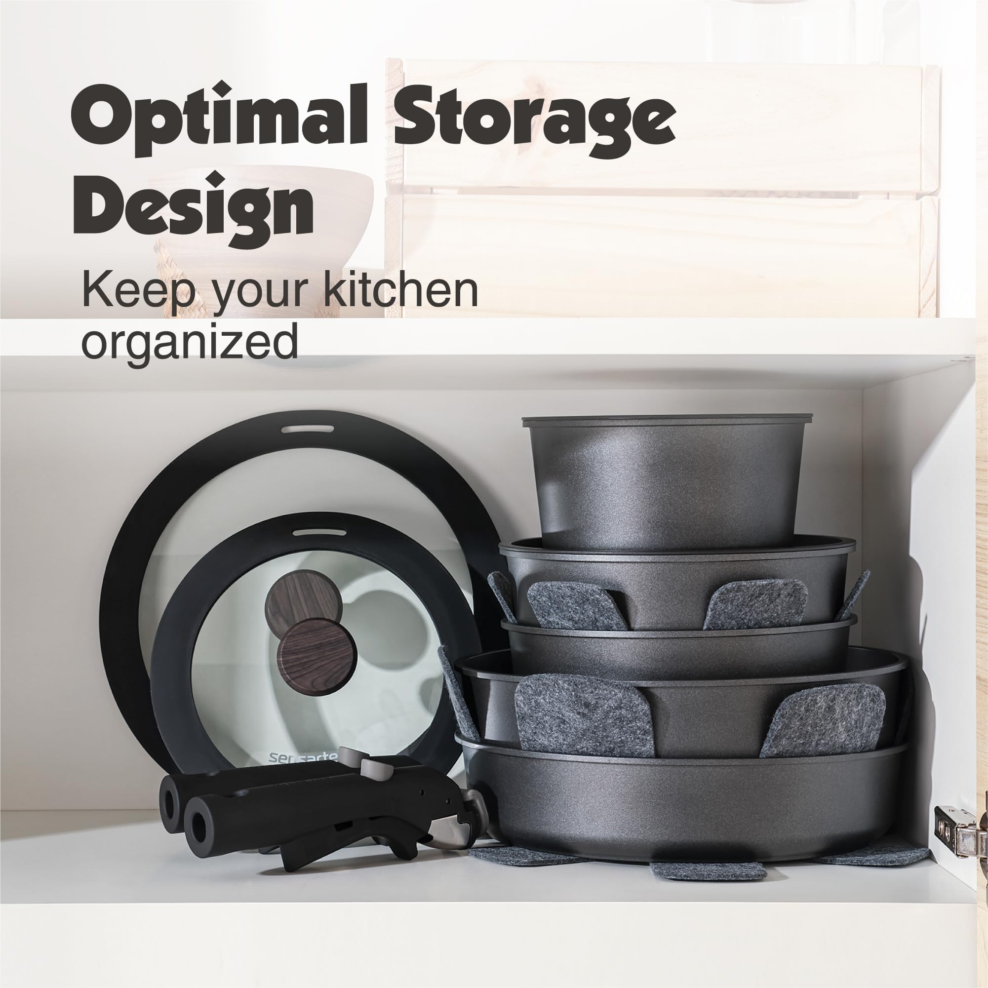 SENSARTE 17 Piece Pots and Pans Set, Nonstick Detachable Handle Cookware, Induction Kitchen Cookware Set with Removable Handle, Healthy Non Stick RV Cookware, Oven Safe (Black)