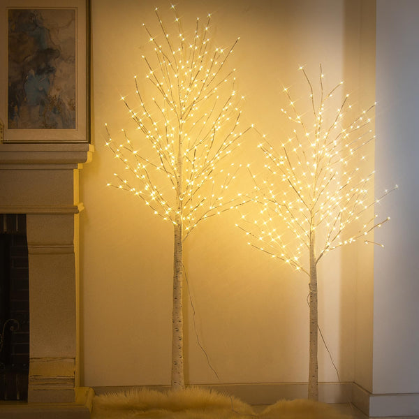 EAMBRITE Lighted Birch Tree Set, White Christmas Trees Indoor Outdoor Decorations, 5FT 6FT Prelit Artificial Tree with Timer & Light Dimmer, LED Twig