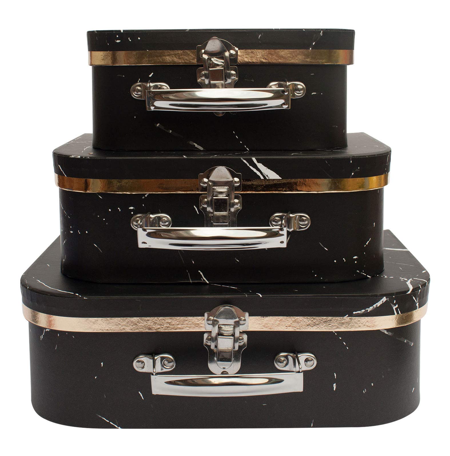 Emartbuy Black Marble Suitcase Gift Boxes Set of 3 ? Prebuilt Cardboard Design with Metal Handle & Clasp ? Elegant for Hampers, Keepsakes & Gifting ?