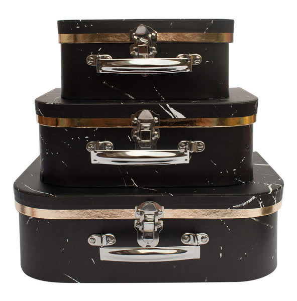 Emartbuy Black Marble Suitcase Gift Boxes Set of 3 ? Prebuilt Cardboard Design with Metal Handle & Clasp ? Elegant for Hampers, Keepsakes & Gifting ?